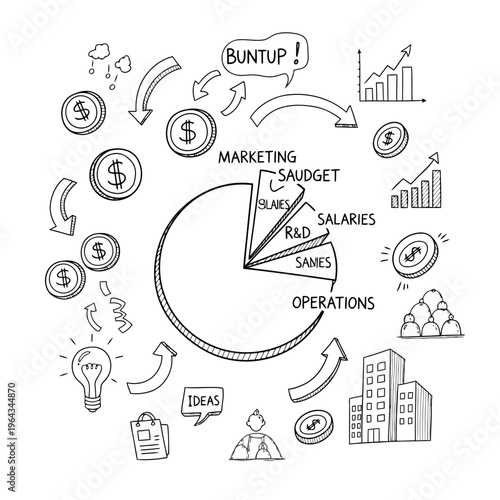 Business finance pie chart with marketing, salaries, r&d, operations, budget labels and money coins graph, buildings, lightbulb ideas for growth.