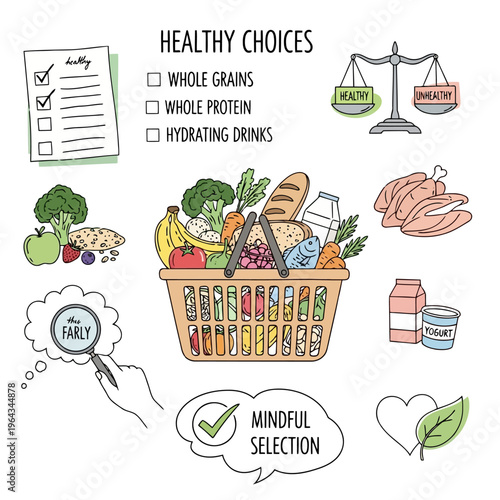 Healthy eating choices with checklist, balance scale, food basket, and icons representing whole grains, protein, and hydrating drinks.
