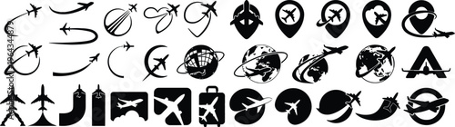 Set of  line icons related to travel agency, tourism company, travel booking, journey planning, flight, ticket, reservation, trip organizer, Editable stroke. Vector illustration 