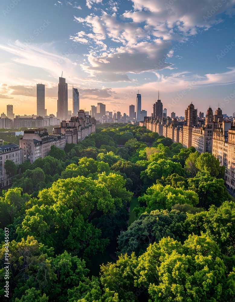 Fototapeta premium Urban Oasis - Lush Green Park Amidst a Modern Cityscape at Sunset.
