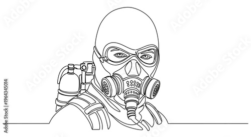 Man in Gas Mask and Hazmat Suit, Continuous Line Drawing