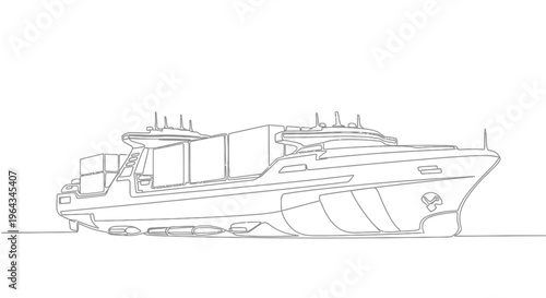 Outline of a large cargo ship carrying containers on white background, vector illustration