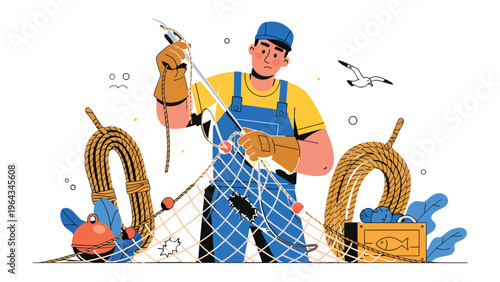 Fisherman Repairing Net: A diligent fisherman, absorbed in his craft, meticulously repairs a fishing net, a testament to his dedication, surrounded by tools of his trade.