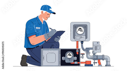 Precision Inspection: A skilled technician diligently inspects and documents intricate water meters and plumbing, demonstrating expertise in infrastructure maintenance.