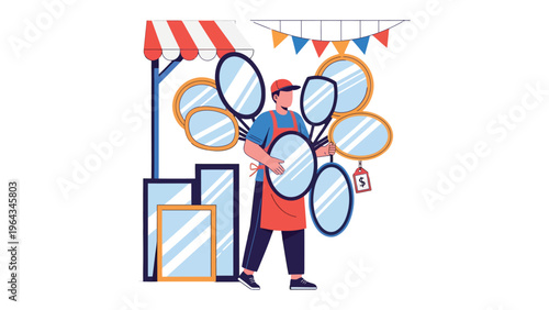 Mirror Merchant's Display: A merchant showcasing a selection of mirrors, arranged under a striped awning, creating a visually engaging scene of commerce and artistry.