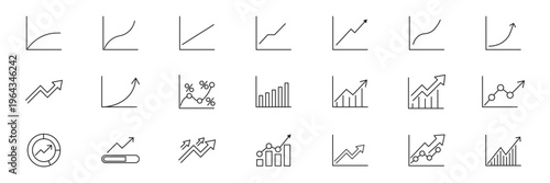 Growing bar graph icon set. Business graphs and charts icons. Business statistics and analytics, charts diagrams, money, down or up arrow. Growing business arrow icon. Arrow up icon. Profit arrow symb