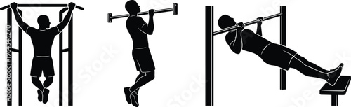 Black and white vector silhouette set of a muscular man performing pull ups, chin ups, and inverted rows on a horizontal bar for fitness, bodybuilding, and calisthenics training