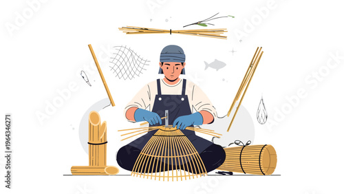Artisan Crafting: A skilled artisan meticulously crafts a traditional fish trap, demonstrating the artistry and skill of handcrafting. 