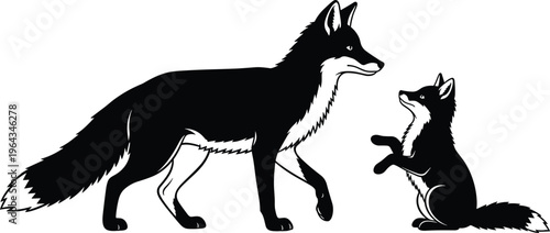 Fox and cub silhouettes wildlife animal family interaction black and white vector illustration isolated background design nature concept