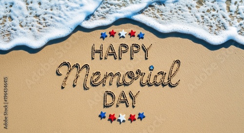 Happy memorial day beach scene with patriotic flowers and foamy waves