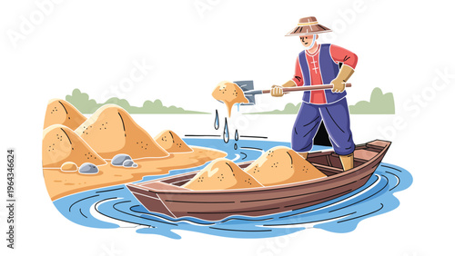 Harmony of labor: An individual, with a straw hat, shovels sand from a boat, demonstrating hard work near the water edge. This depiction embodies dedication.
