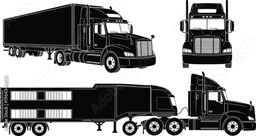 Semi truck trailer silhouette set front side top views heavy transport vehicle logistics black and white vector illustration isolated