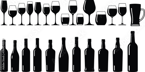 Wine glasses and bottles silhouettes collection bar drink set black and white vector illustration isolated background design