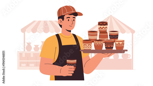 Artisan's Offering: A skilled artisan, proudly presenting his handcrafted pottery, a testament to craftsmanship and cultural heritage.