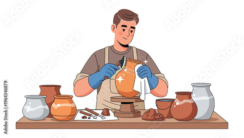 Artisan at Work: A skilled artisan meticulously polishes a freshly crafted pottery piece, surrounded by a collection of other unique ceramic creations, demonstrating the art of pottery.