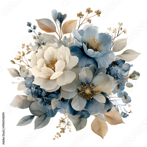 Watercolor floral bouquet with blue and white flowers for elegant wedding invitation design botanical illustration with golden leaves and artistic blossoms on transparent background element