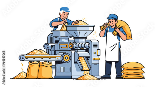 Grain Processing: Two workers involved in the grain processing operation. one person working on machine and another one carrying bag of the products