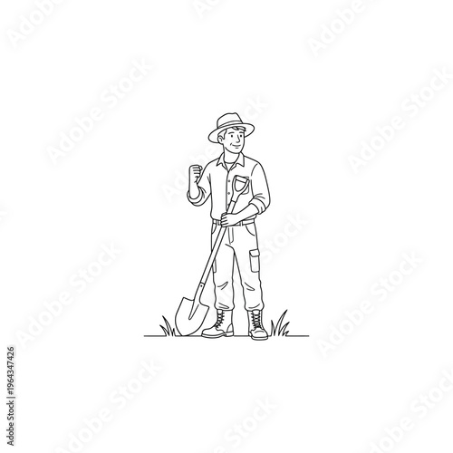 Man holding garden shovel and trowel.