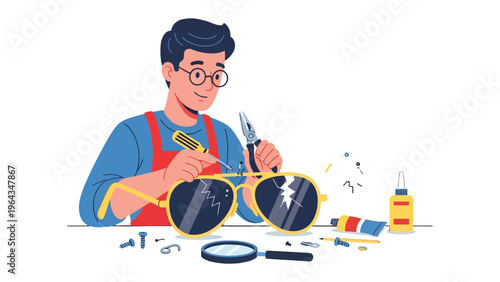 Vision Repair: An individual repairs spectacles, using a screwdriver, plier, and other tools, focusing on the careful reconstruction of the lenses.
