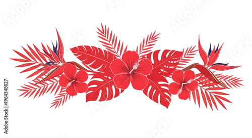 Red tropical leaves and flowers arrangement.