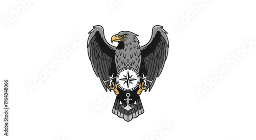 Gray eagle with compass emblem.
