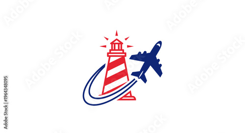 Airplane flying near a lighthouse tower.