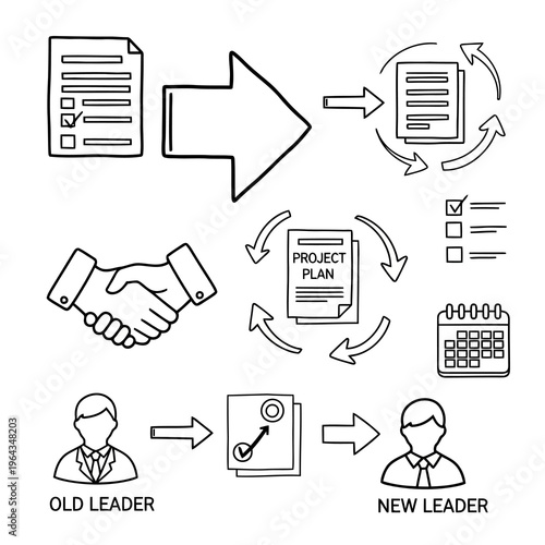Project leadership transition concept, document with checklist, arrows showing process, handshake for agreement, project plan, old leader to new leader handover process.