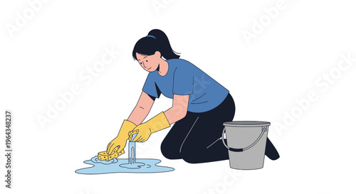 Woman cleaning floor with sponge.