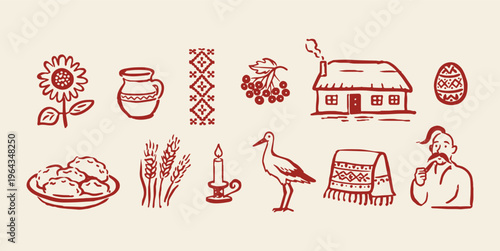 Ukrainian culture doodle icon set hand drawn vector illustration