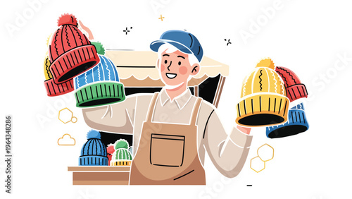 Hat Vendor's Collection: A vendor, meticulously displaying vibrant winter hats, each color hinting at cozy warmth and stylish flair, ready to be chosen.