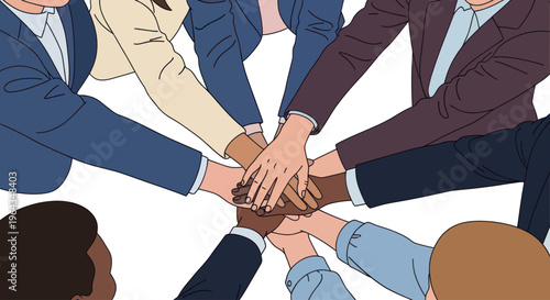 Diverse business people stacking hands together.