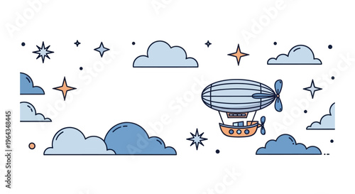 Vintage Style Blimp Airship Cartoon Illustration.