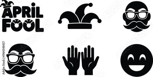 April fool day word with jester hat, hands, face with mustache, and happy emoji icon.