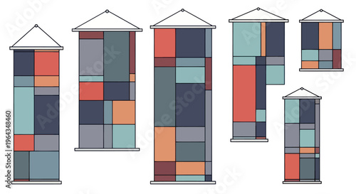 Colorful patchwork house structures side by side.