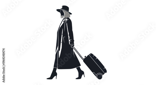 Woman walking with travel luggage suitcase.