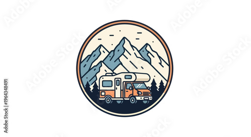 Colorful camper van on mountain.