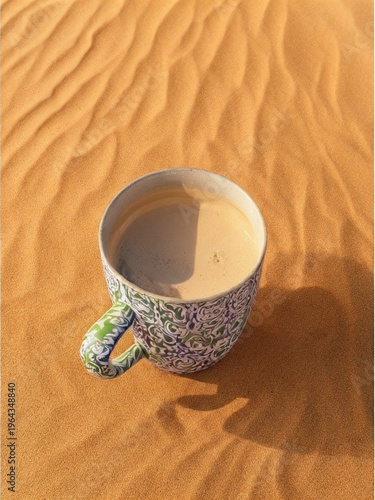 cup of coffee on the desert sand
