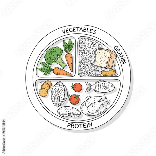 Healthy food plate for balanced diet. concept of nutrition, diet and healthy lifestyle. menu for proper nutrition, sketch for packaging.