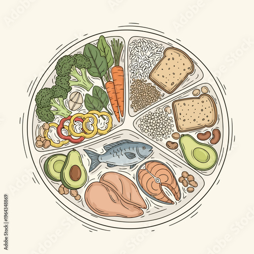 Healthy food plate for balanced diet. concept of nutrition, diet and healthy lifestyle. menu for proper nutrition, sketch for packaging.