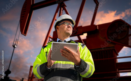 Construction engineer wearing safety vest and oil industry pumps