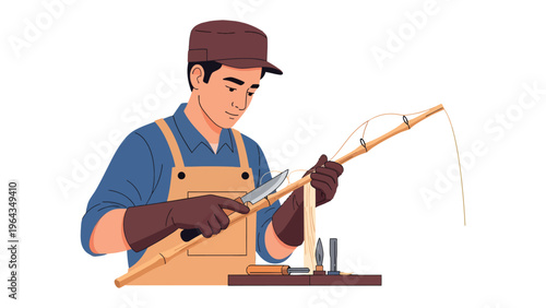 Craftsman at Work: A skilled artisan, engrossed in meticulous craftsmanship, carefully works on a bamboo fishing rod, demonstrating skill and dedication.