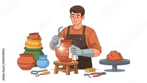 Artisan at Work: An artisan meticulously tends to earthenware with practiced hands in his workshop. Embracing the skill and patience involved in this age-old craft.