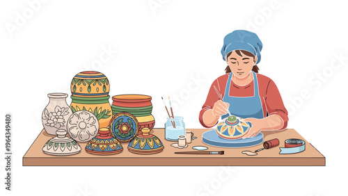 Artisan Crafting Pottery: An artisan meticulously paints intricate designs on a ceramic piece, surrounded by a collection of finished pottery, tools, and the creative spirit of the workshop.