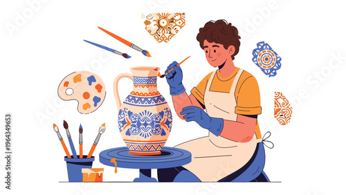 Artisan's Artistic Touch: A skilled artisan meticulously paints an intricate design onto a ceramic vase, embodying creativity and craftsmanship.