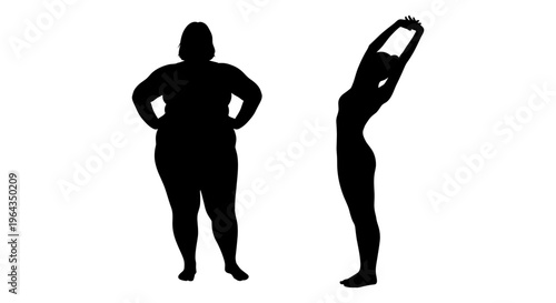 Weight loss transformation silhouette vector, before and after body comparison, fat and slim woman figures, fitness and health progress concept