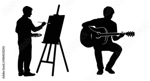 Creative artist silhouettes, painter with easel and palette, musician playing acoustic guitar, black vector hobby icons on white background