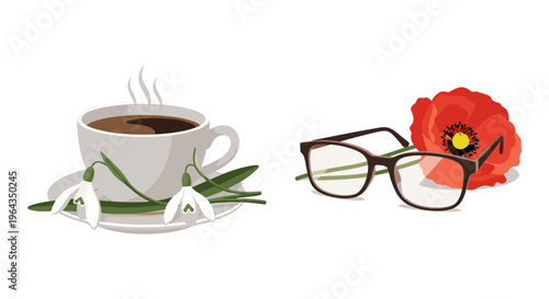 Cozy morning still life vector, hot coffee cup with snowdrops and reading glasses with red poppy flower, spring lifestyle illustration