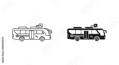 Hydrogen fuel cell bus icons, eco-friendly public transport vector set, green energy city bus line and silhouette graphics for sustainable transit