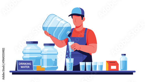 Hydration Station: Illustration of a worker pouring fresh water from a large dispenser into a glass, highlighting the importance of hydration and refreshment.
