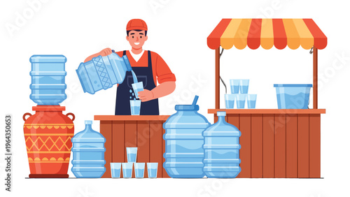 Refreshing Pure: A smiling vendor, meticulously pours crisp, clean water into a glass, highlighting the focus on hydration and wellness, with an array of water containers and a charming stall.